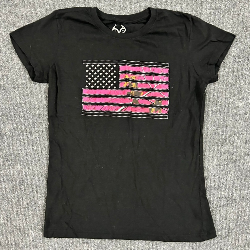 Realtree T-Shirt Womens Size M Black Pink Camo American Flag Graphic Tee